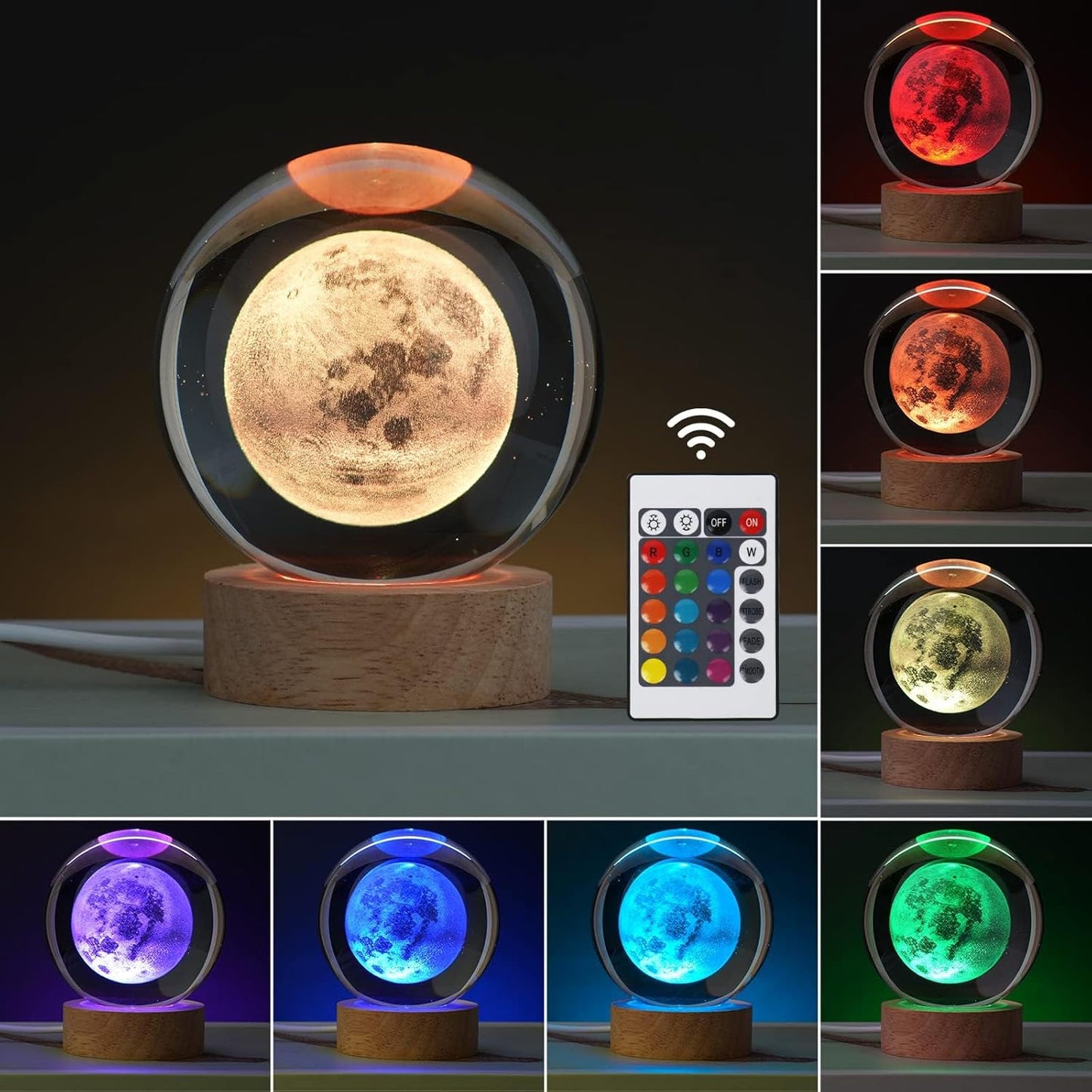 3D Galaxy Crystal Ball Night Light for Gifts with Colorful LED Light Base, Color Changing Light with Remote as a Birthday Gift for Teens Boys and Girls, Moon Model
