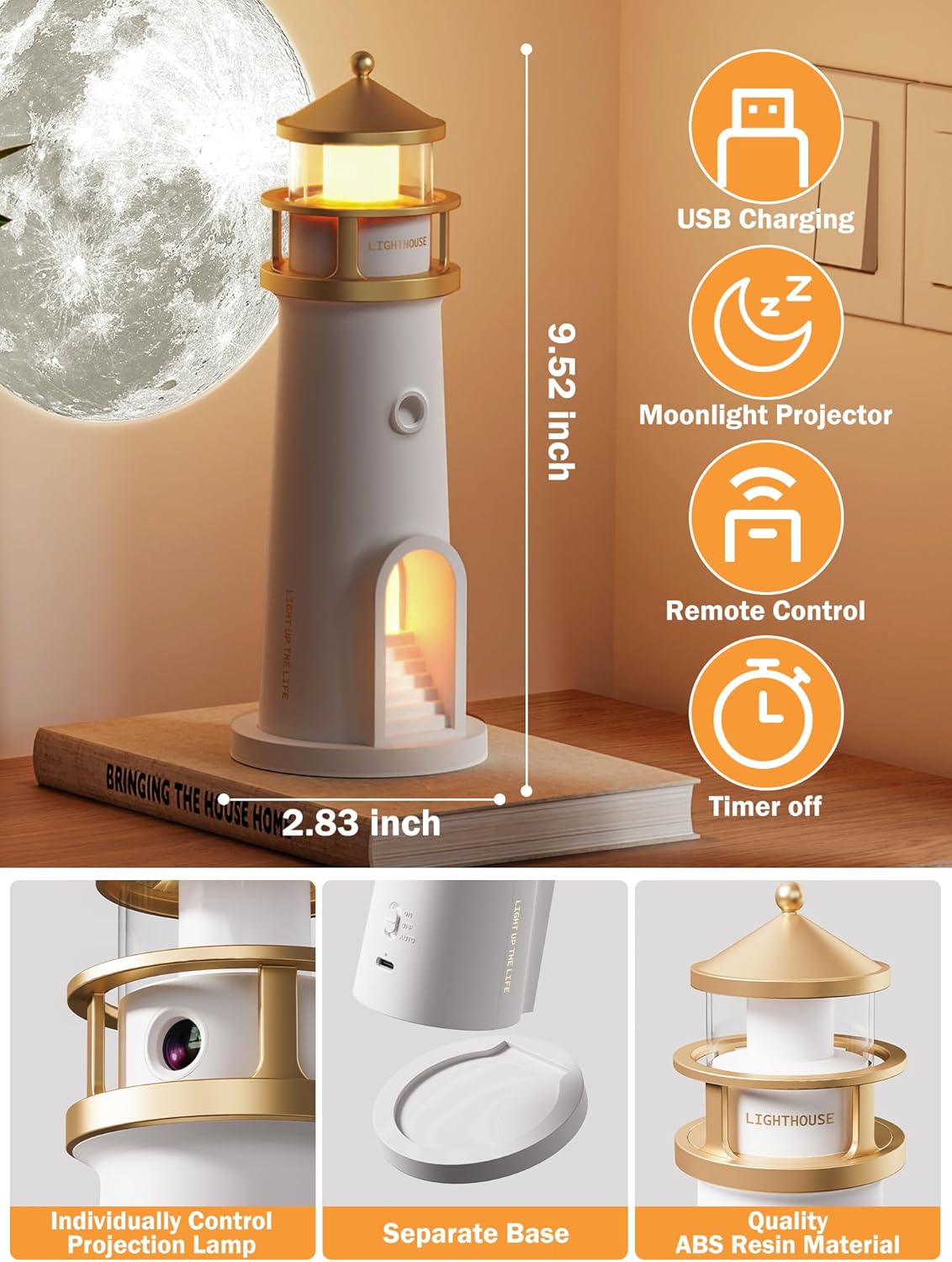 Moon Lamp Projector Night Light,Lighthouse Lamp Decor Night Light for Kids,Moon Light Galaxy Projector Rechargeable LED Aesthetic Table Lamp Christmas Birthday Gifts for Kids Boys Girl