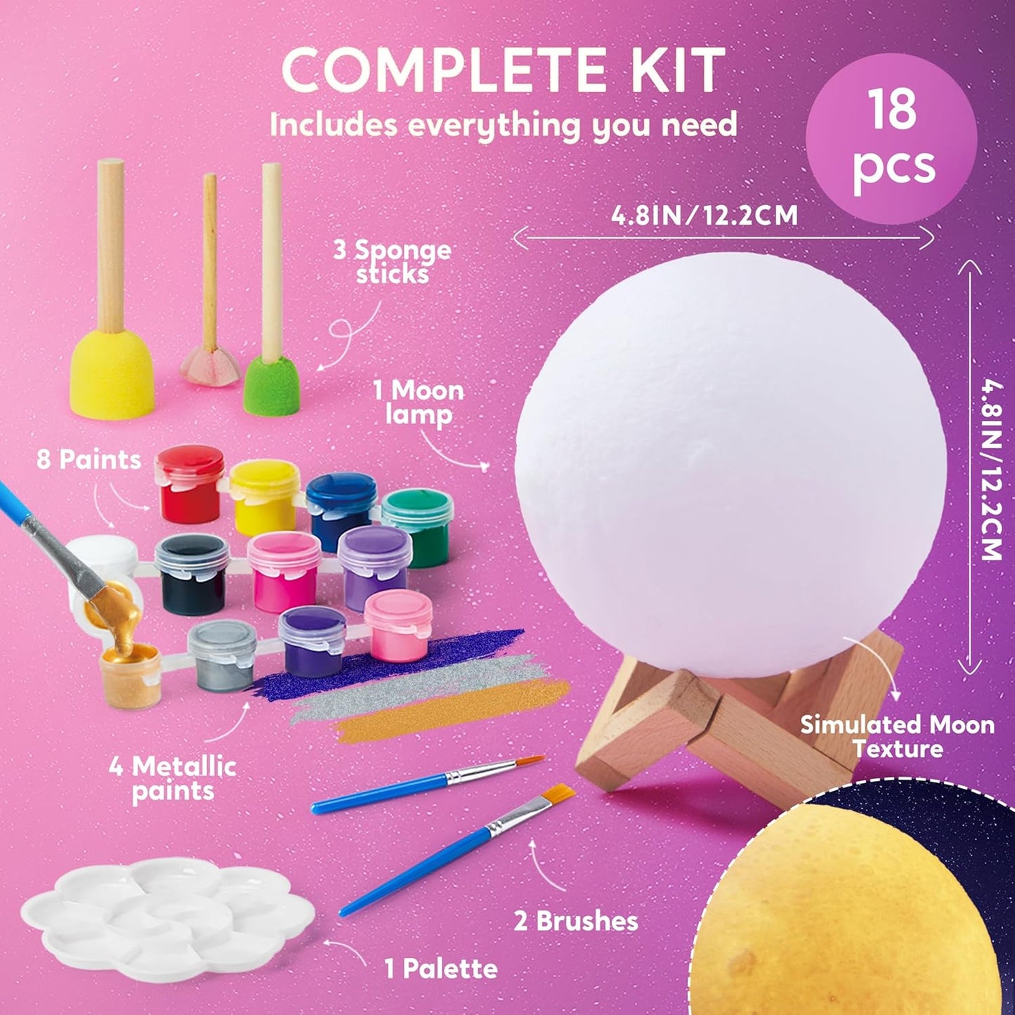 DIY 3D Moon Night Light, Paint Your Own Moon Lamp Kit Galaxy Lamp Arts and Crafts Kit, School Activities, Birthday Gifts for Kids Girls Boys